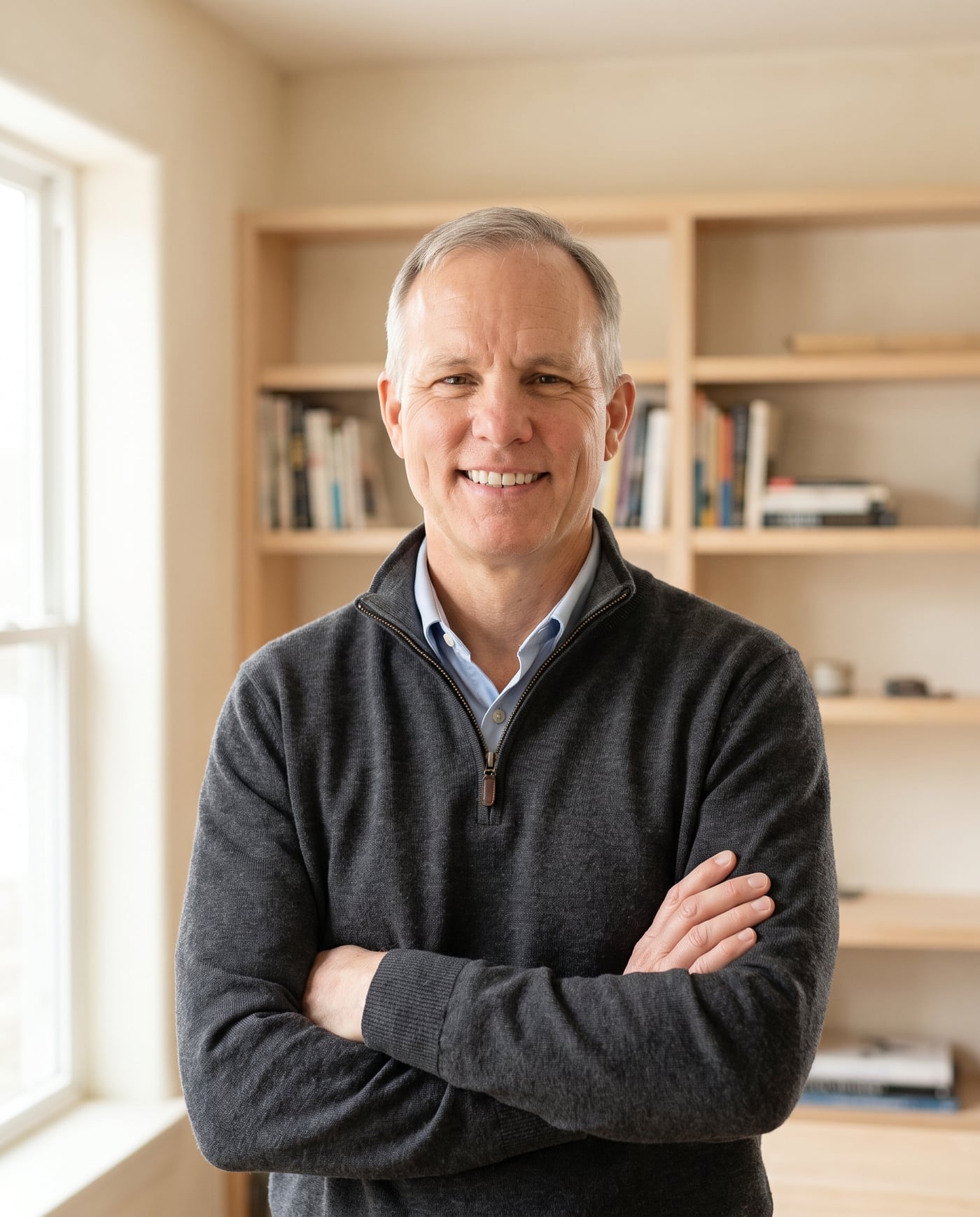 Jerry Lee, co-founder of Klauve, standing with arms folded in a sunlit office with timber shelving.