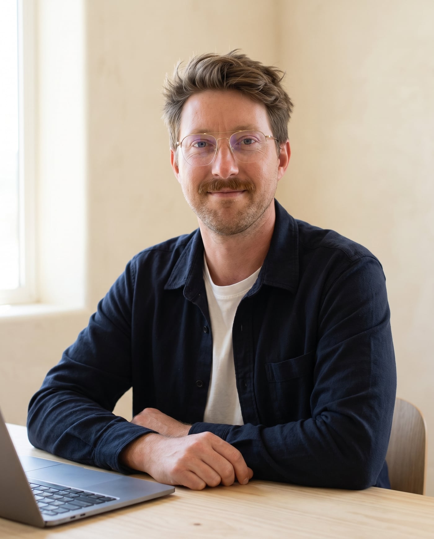 Josh Woods, co-founder of Klauve, seated at a timber desk beside a laptop in a sunlit room.