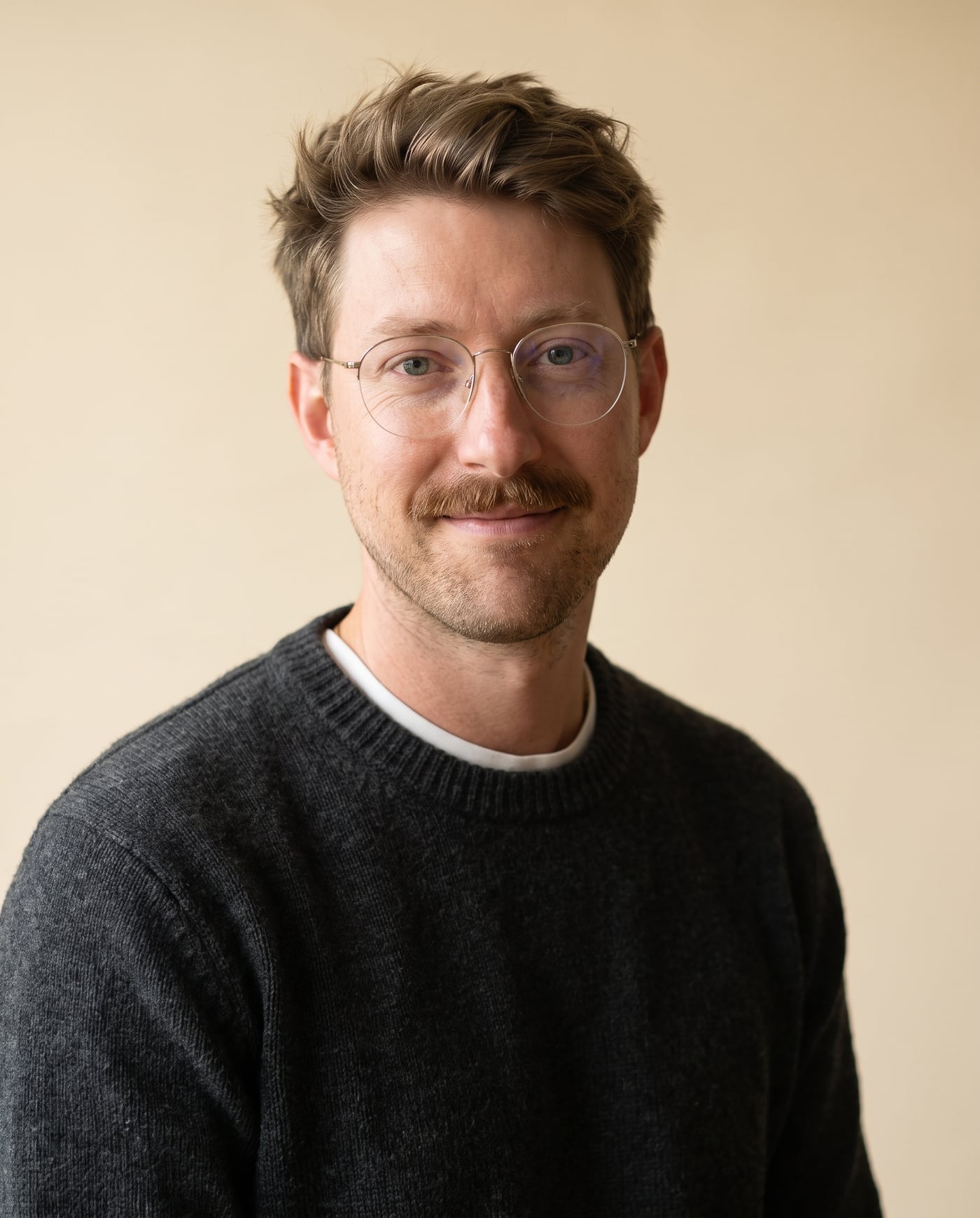 Portrait of Josh Woods, co-founder of Klauve, in a charcoal jumper against a warm cream wall.
